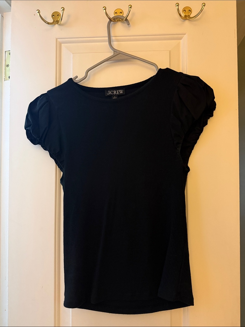 J. Crew Black Puff Sleeve Ribbed Short-Sleeve Tee